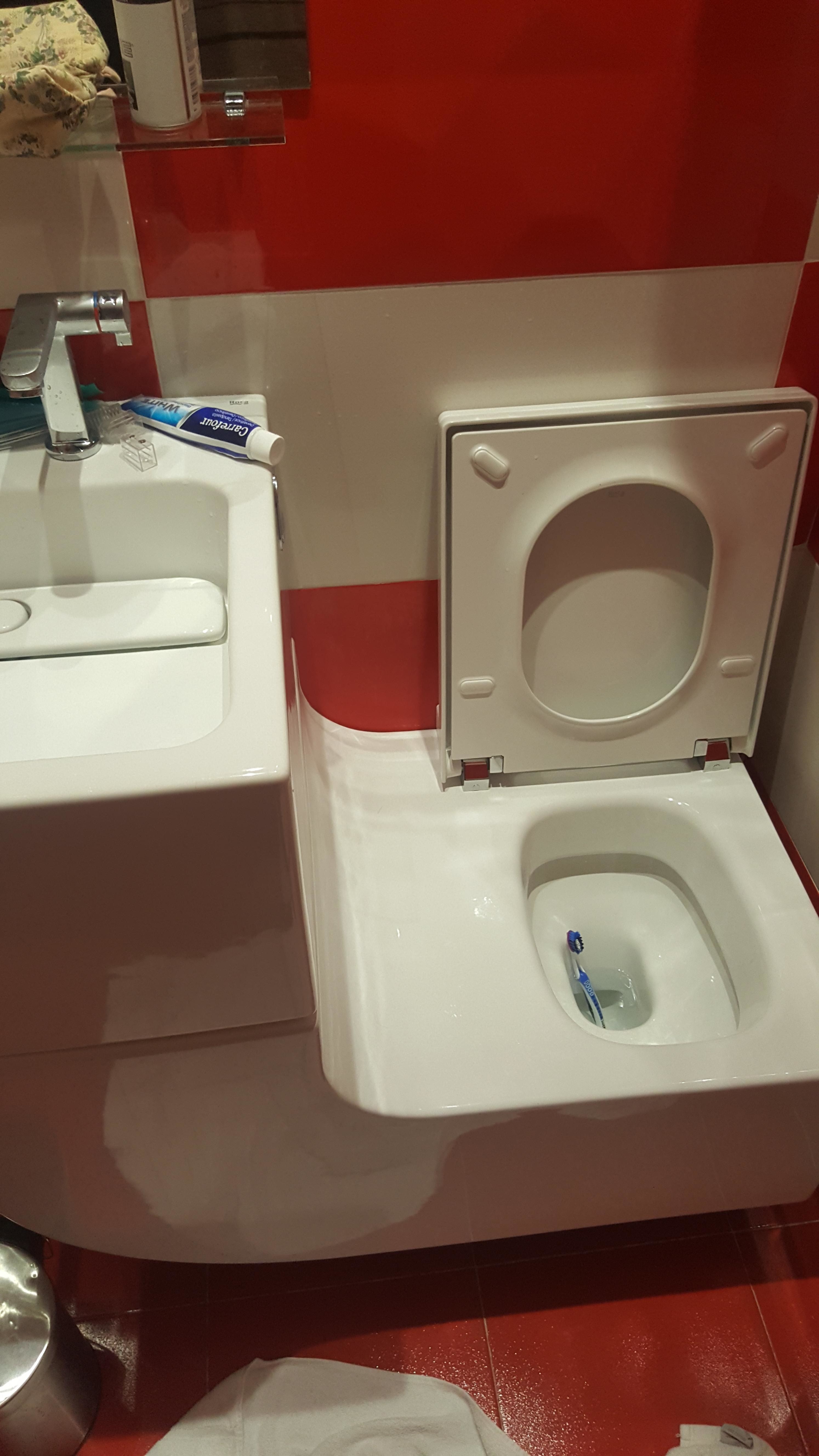 A toilet (with a toothbrush in it) with a sloping side that starts at the end of a sink