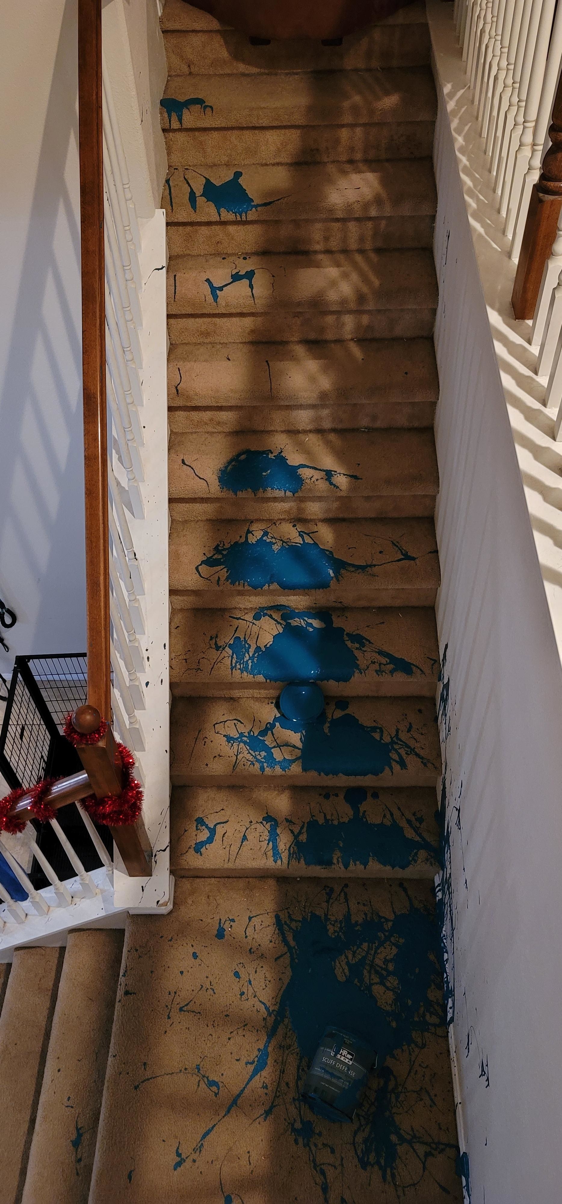 Blue paint all over stairs