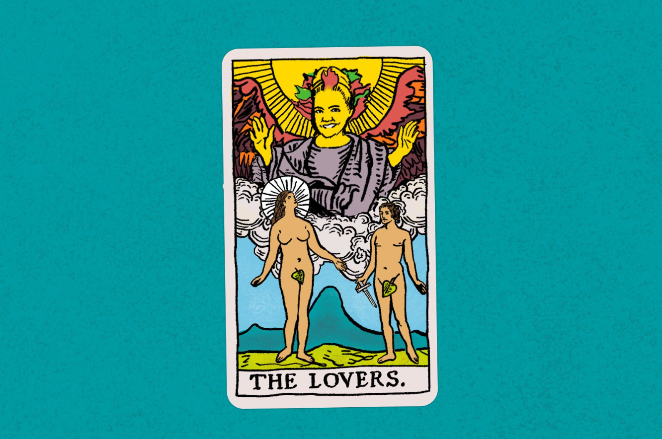 A tarot card illustration that reads &quot;the lovers&quot; at the bottom. two naked people with breasts hold hands, above them is illustration of colleen hoover in a robe and laurels in her hair