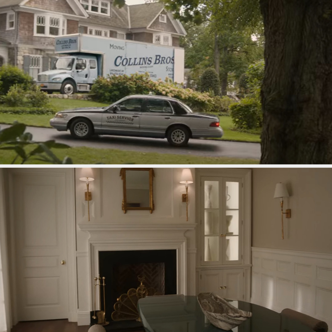 657 Boulevard in &quot;The Watcher,&quot; showing a moving truck outside the house and a fireplace inside it