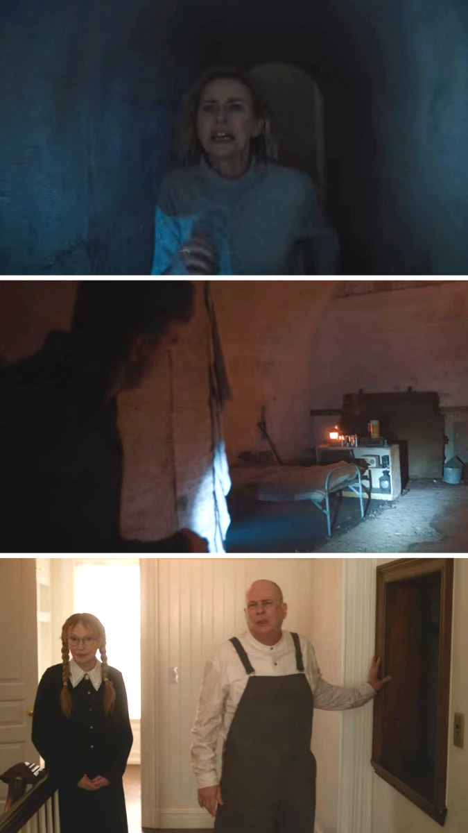 Watts running through a tunnel, Cannavale looking at a bed in the tunnel, and Farrow and Kinney standing in a hallway