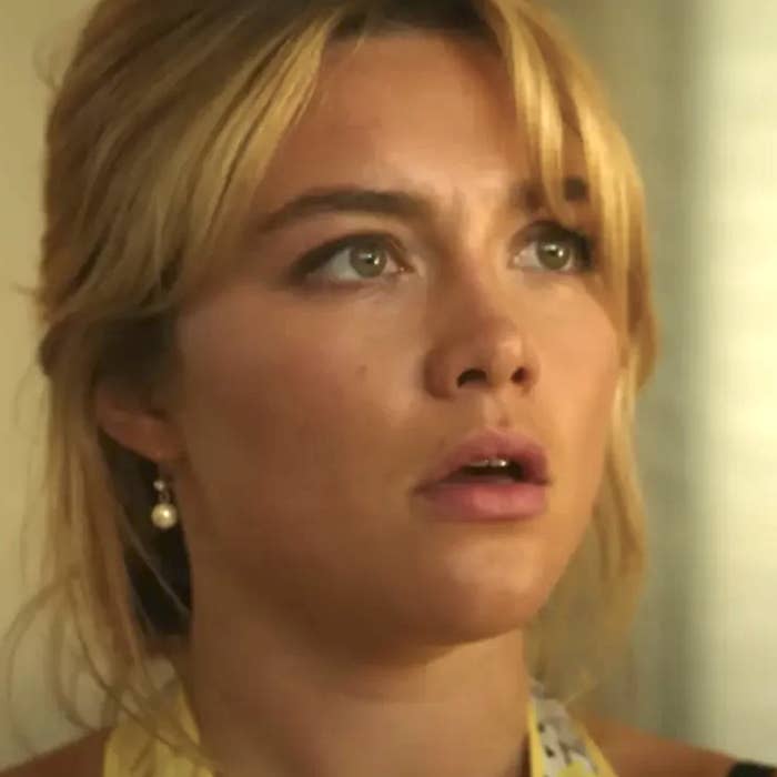 Close-up of Florence Pugh in &quot;Don&#x27;t Worry Darling&quot; looking shocked
