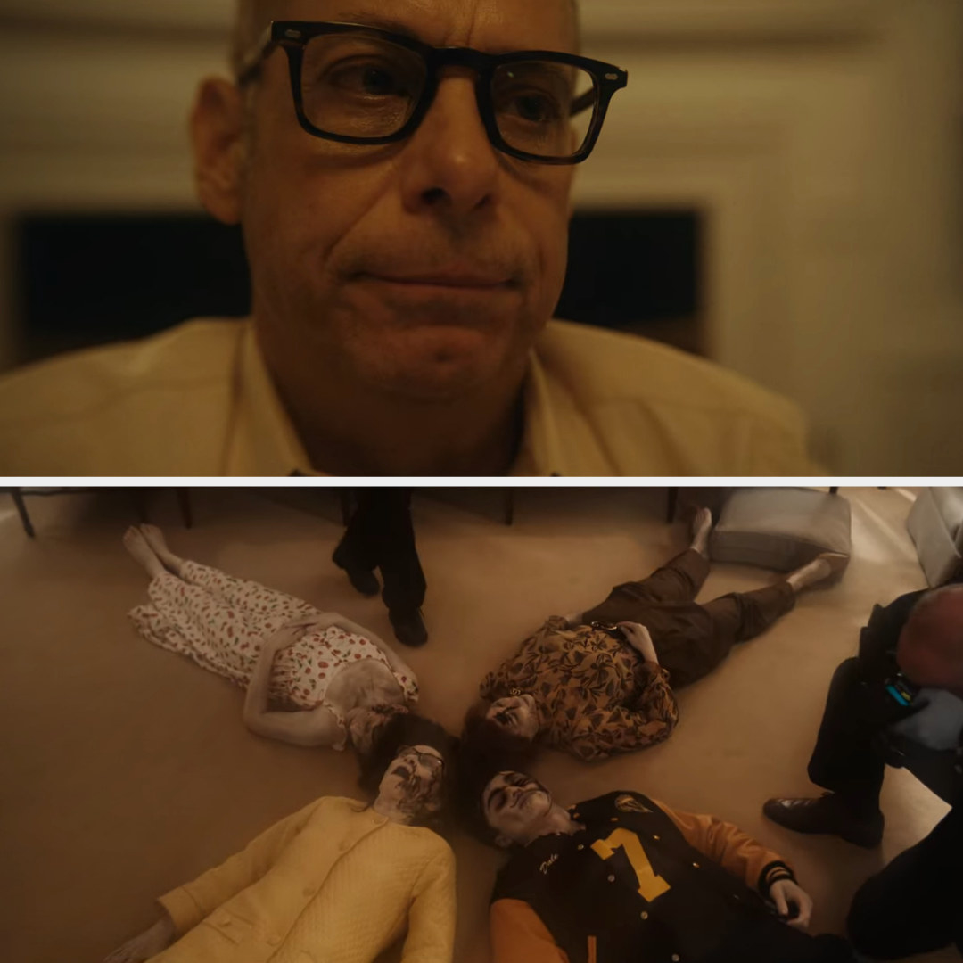 Close-up of Mantello in &quot;The Watcher&quot; and four corpses lying on a rug