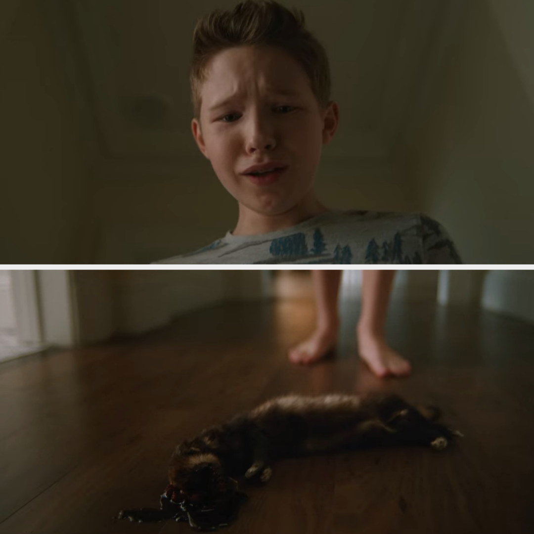 A crying child looking at a dead ferret in &quot;The Watcher&quot;