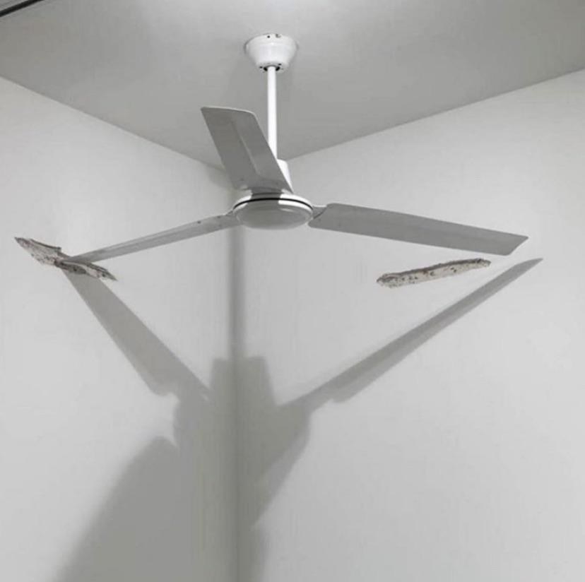 A three-blade ceiling fan whose blades have made deep holes in the surrounding wall on either side