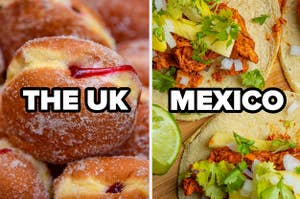 英国在上面写的一些单词和一些炸玉米饼的墨西哥写在上面写的一些甜甜圈的特写。