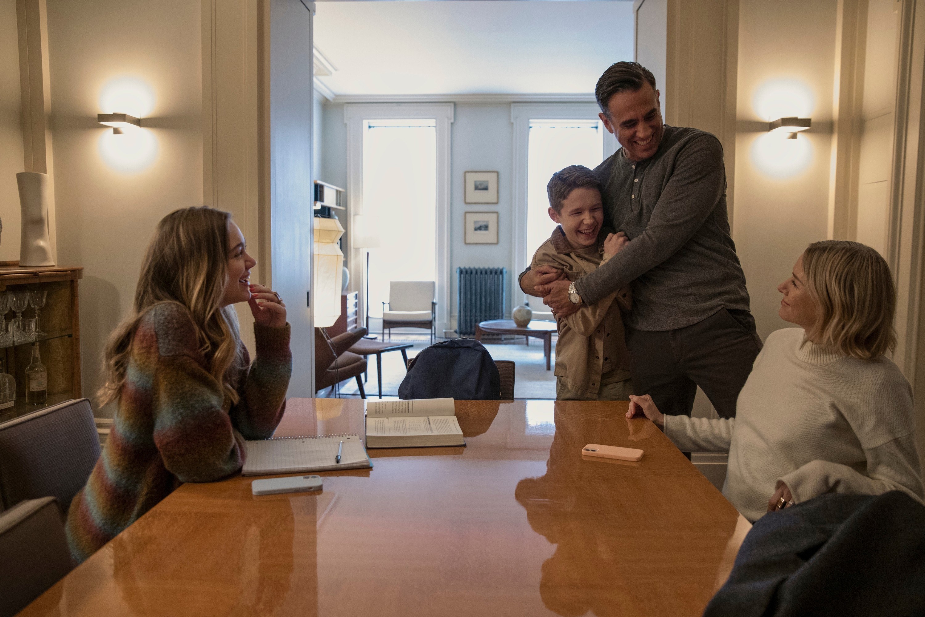 Gravitt, Blumm, Watts, and Cannavale at a table in &quot;The Watcher&quot;