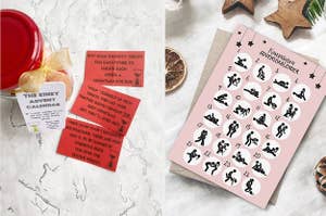 Kinky jar advent calendar with cards pulled out and pink kama sutra postcard advent calendar