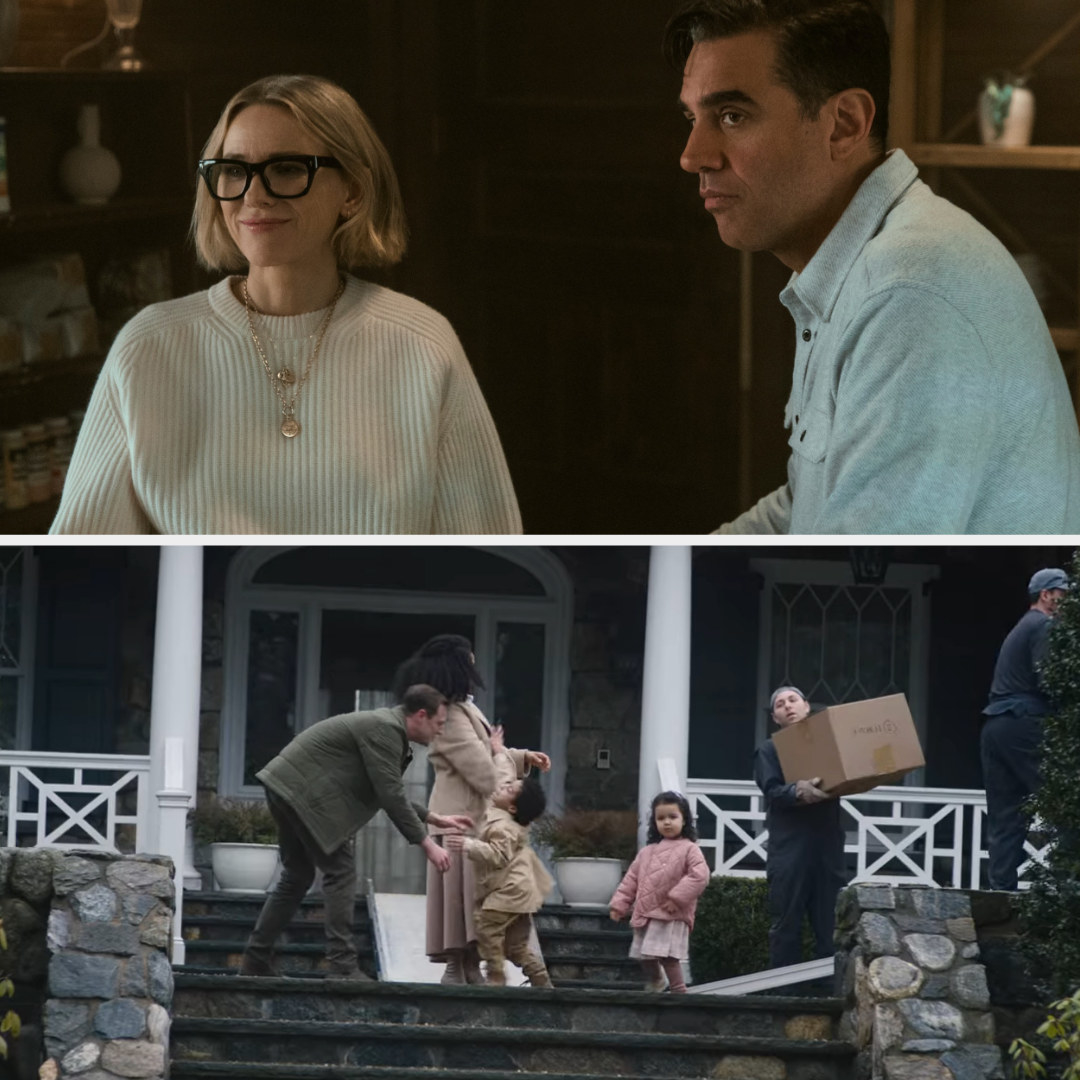 Watts and Cannavale with their children outside a house in &quot;The Watcher&quot;