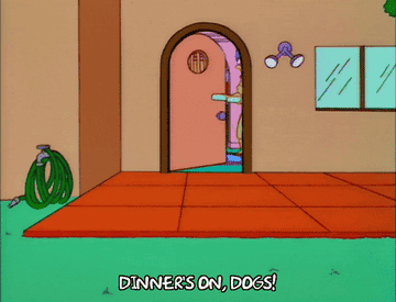 Marge Simpson saying &quot;Dinner&#x27;s on, dogs!&quot;
