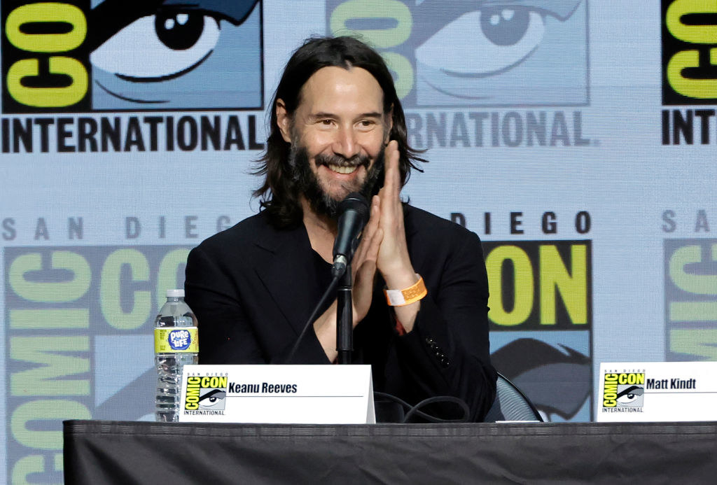 Keanu Reeves speaks onstage at San Diego Comic Con