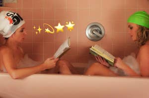 tina fey and amy phoeler reading in a bathtub