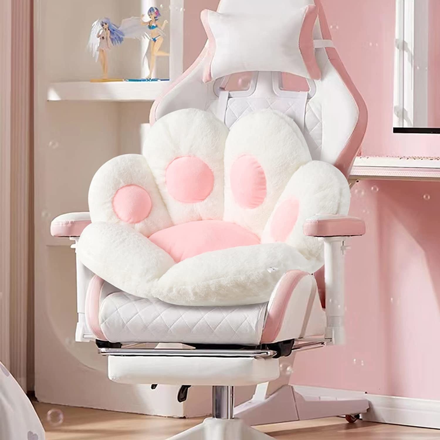 the white and pink paw-shaped seat cushion on an office chair