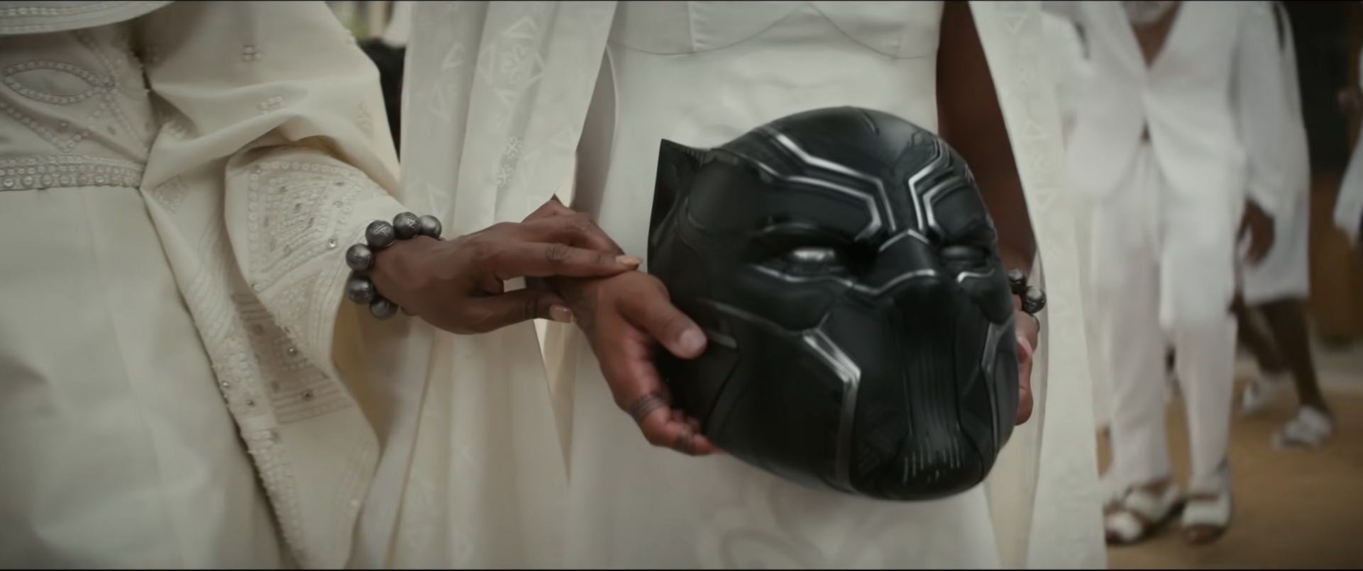 A closeup of the Black Panther helmet