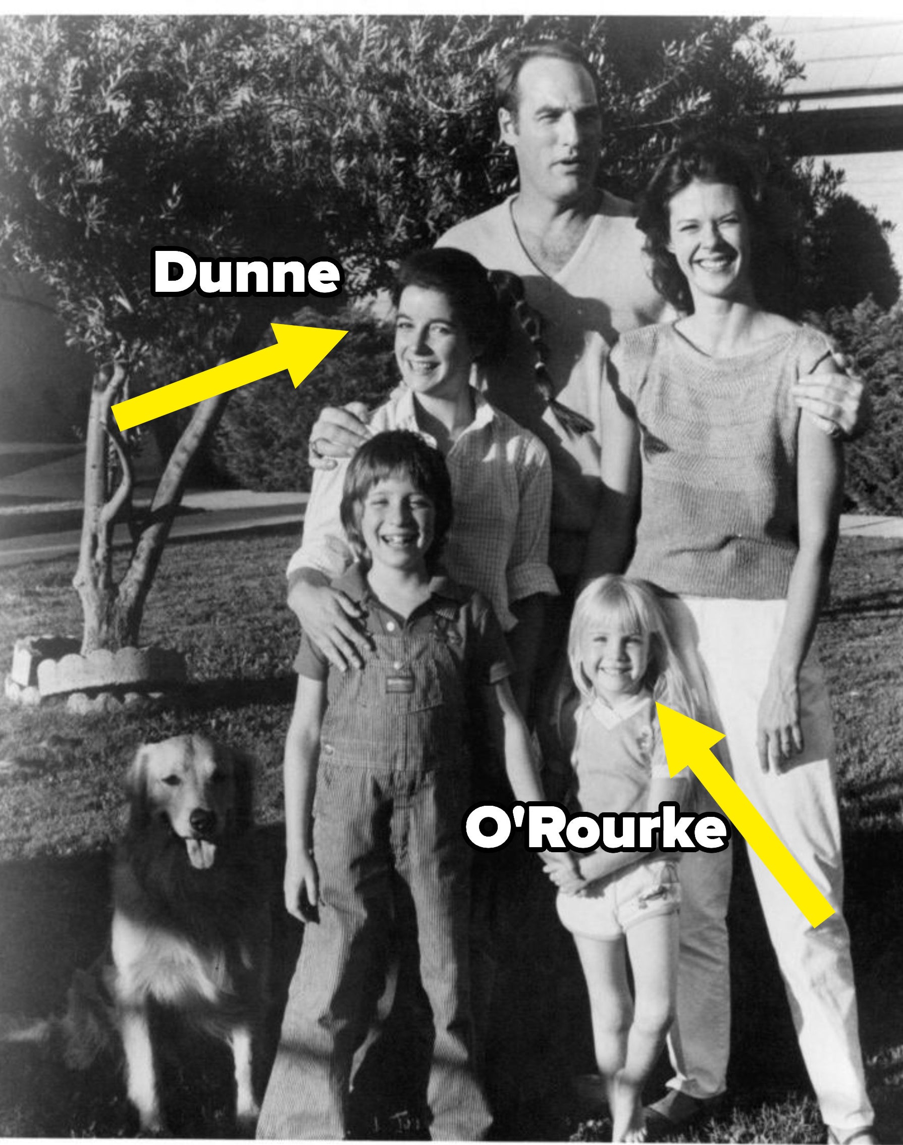 photo of the movie family with arrows pointing to Dunne and O&#x27;Rourke
