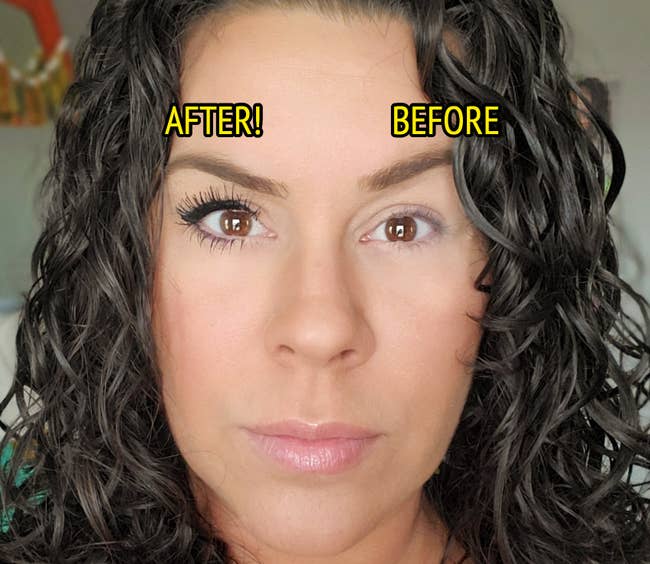 reviewer photo showing right eye with no makeup and left eye with lashes looking dramatically more voluminous with the mascara on