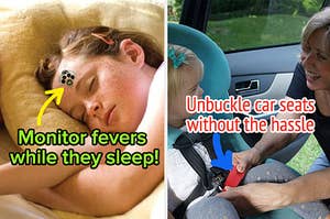 一个孩子的额头上戴着标题为“监视器睡觉时的狂热！”/一个人使用工具解开汽车座椅的人，以使其更容易用标题为“ Unluckuckle Carseats没有麻烦”的标题。
