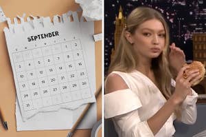 On the left, a September calendar, and on the right, Gigi Hadid eating a burger