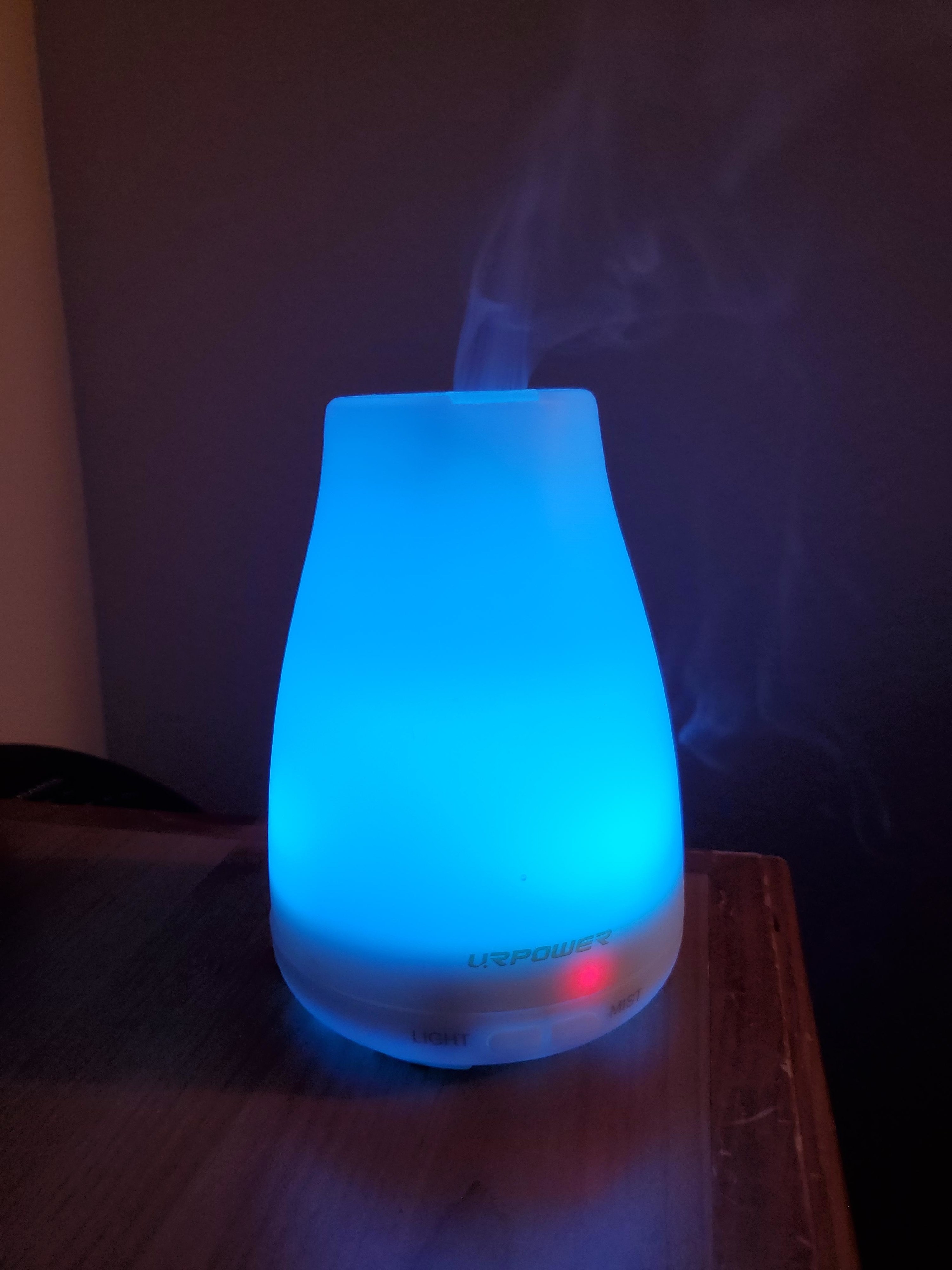 Reviewer image of the diffuser lit up with the color blue