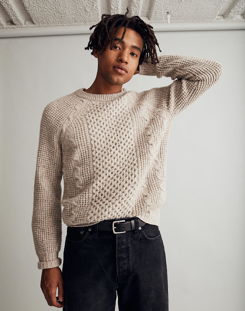 model wearing the heathered cream sweater
