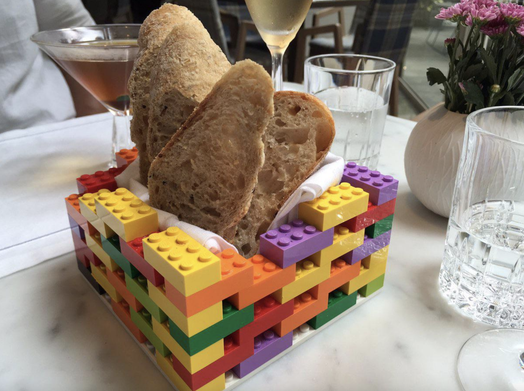 A bread basket made out of Legos
