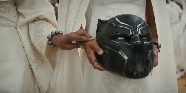 A closeup of the Black Panther helmet