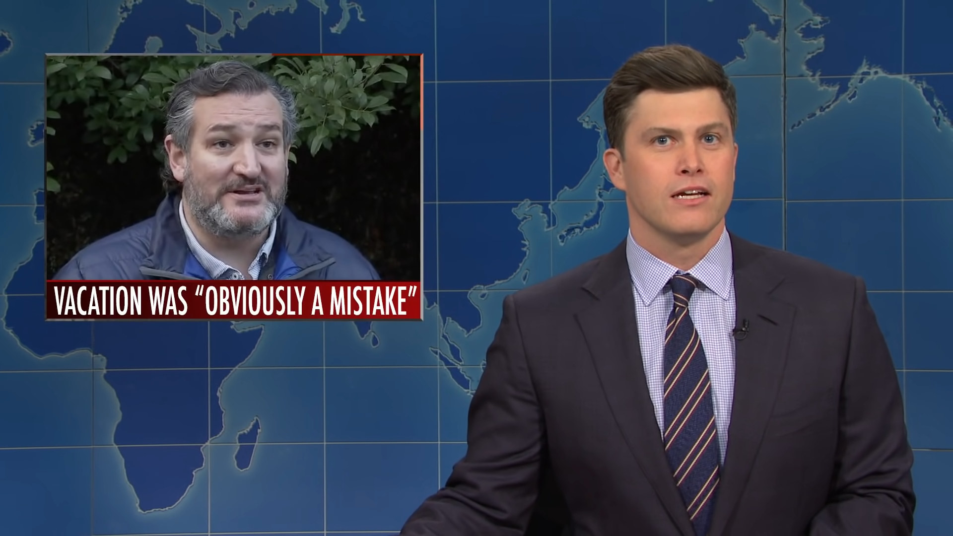 Colin Jost on &quot;Saturday Night Live&quot; with a photo of Ted Cruz with the caption &quot;Vacation was &#x27;obviously a mistake&#x27;&quot;