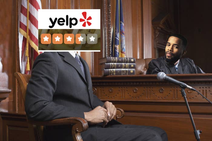 Graphic of a judge and Yelp review witness