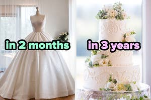 On the left, a wedding ball gown on a mannequin labeled in 2 months, and on the right, a three-tiered wedding cake with intricate icing details and flowers around it labeled in 3 years