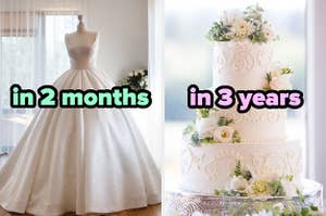 On the left, a wedding ball gown on a mannequin labeled in 2 months, and on the right, a three-tiered wedding cake with intricate icing details and flowers around it labeled in 3 years