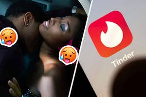 A man kisses a woman's neck and the app Tinder