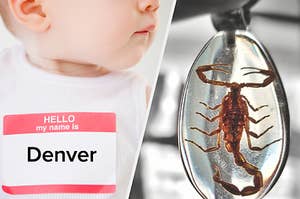 A baby with a name tag on it and scorpion incased