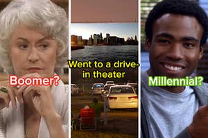 Dorothy from "The Golden Girls," a drive-in theater screen, and Troy from "Community"