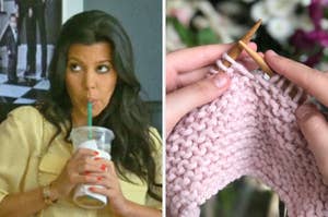 On the left, Kourtney Kardashian sipping a Starbucks drink, and on the right, someone knitting