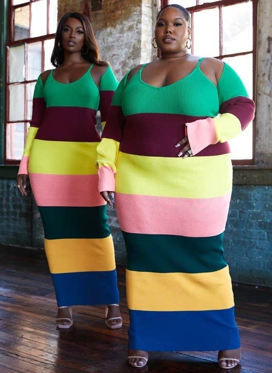 two models wearing the mulit-colored striped set