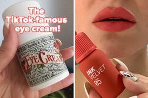 Hand holding eye cream "The TikTok-famous eye cream!", reviewer wearing and holding red lip stain