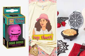 an oogie boogie funko pop a teen witch top that tee and a spiderweb mini waffle maker