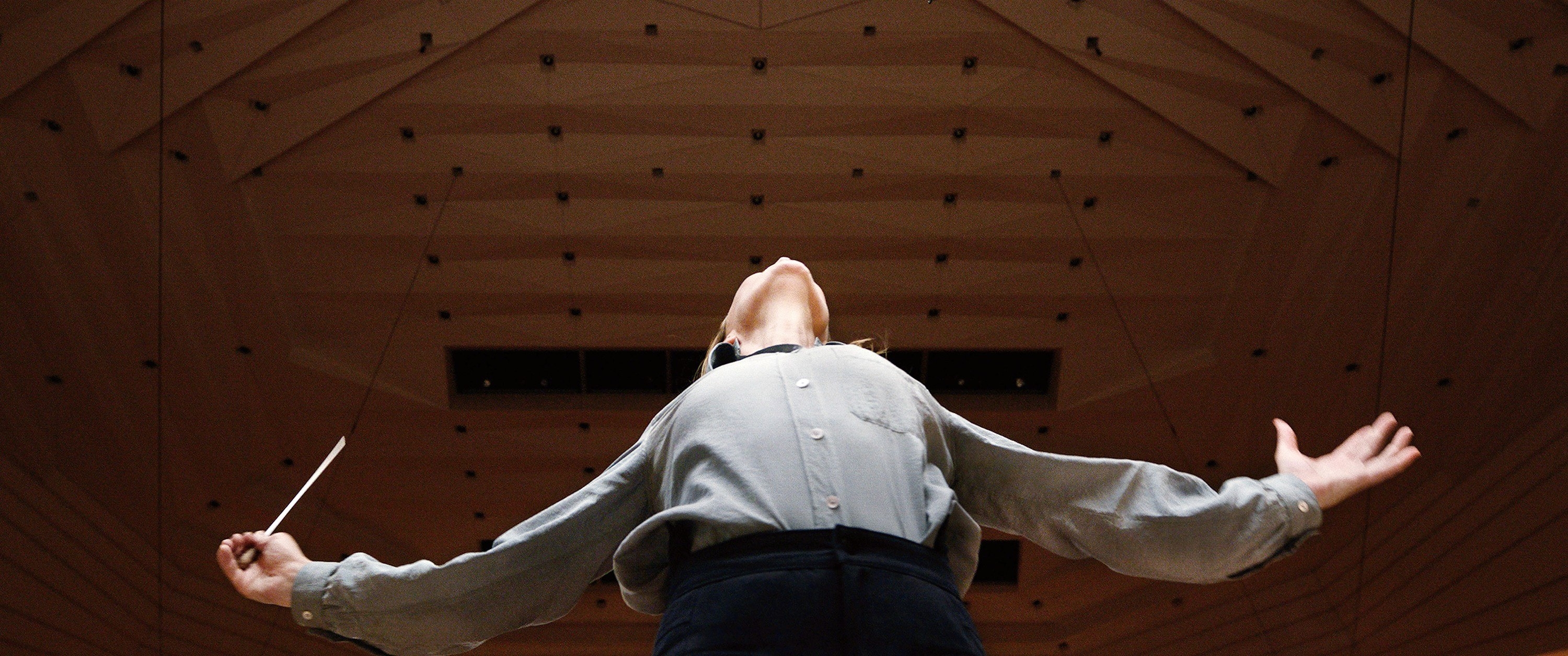 Lydia conducting her arms outstretched, angle from below looking dramatic
