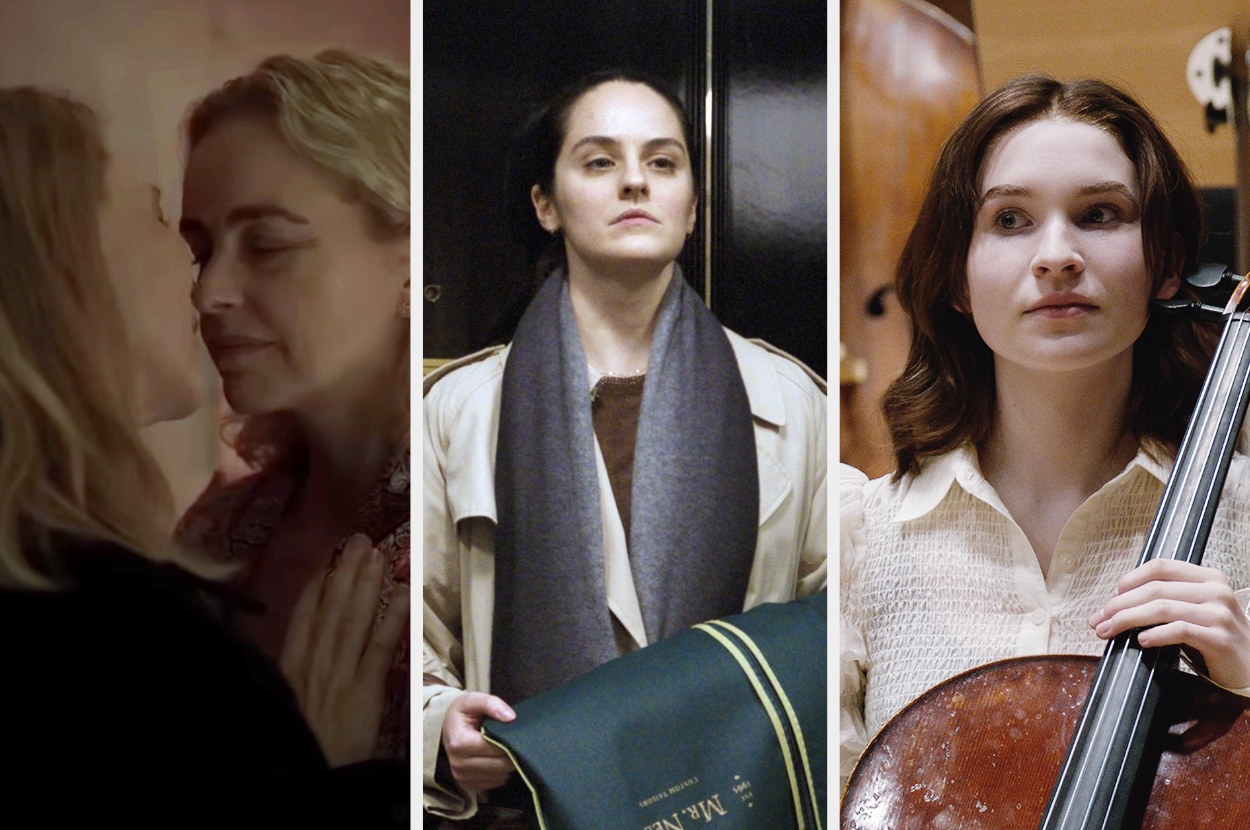 Sharon and Lydia kissing, Francesca holding a suit bag in an elevator, and Olga playing the cello