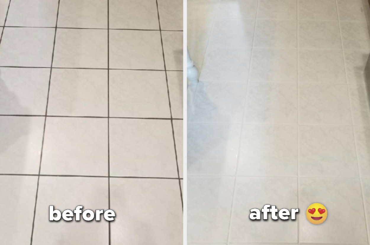 a before image of dark grouts on white tile and an after image of the grout