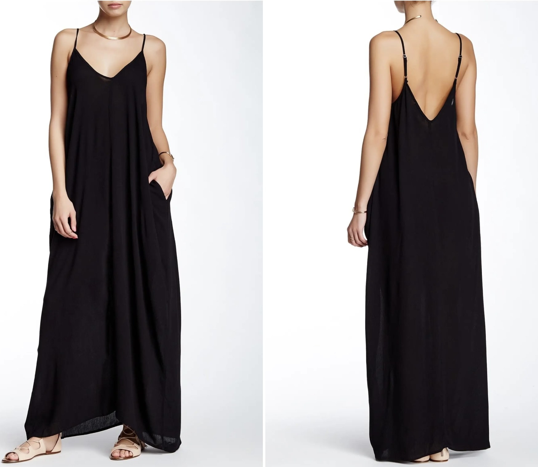 two images of same model wearing maxi dress in black