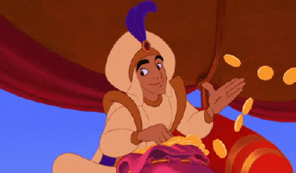 a gif of aladdin tossing out gold coins