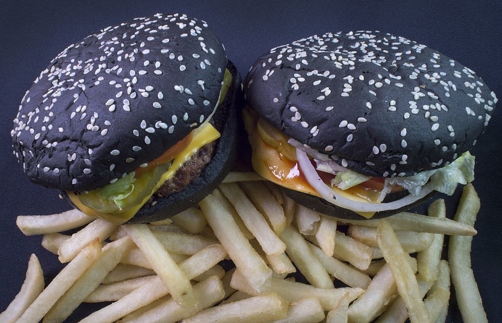 Black bun burgers and fries