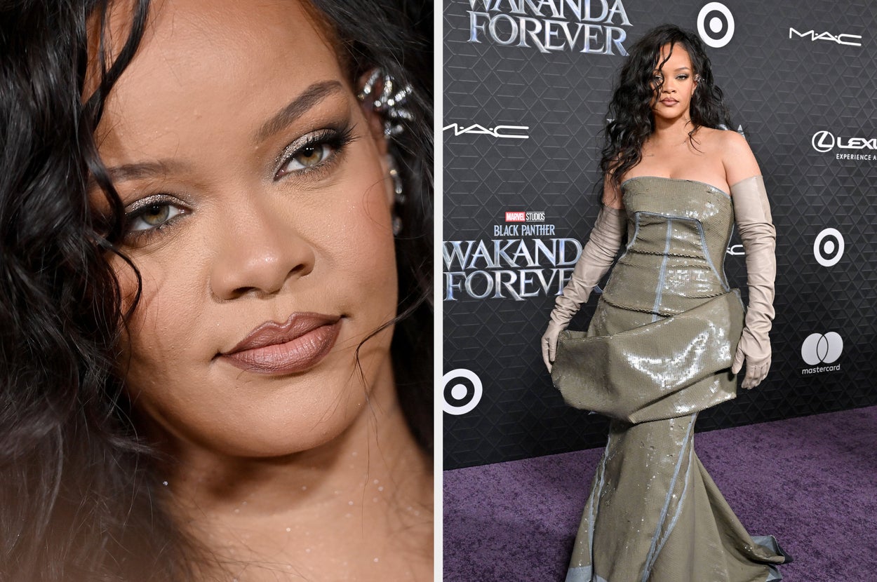 Rihanna wears a strapless olive green dress with olive green gloves with sparkly silver hoop earrings.