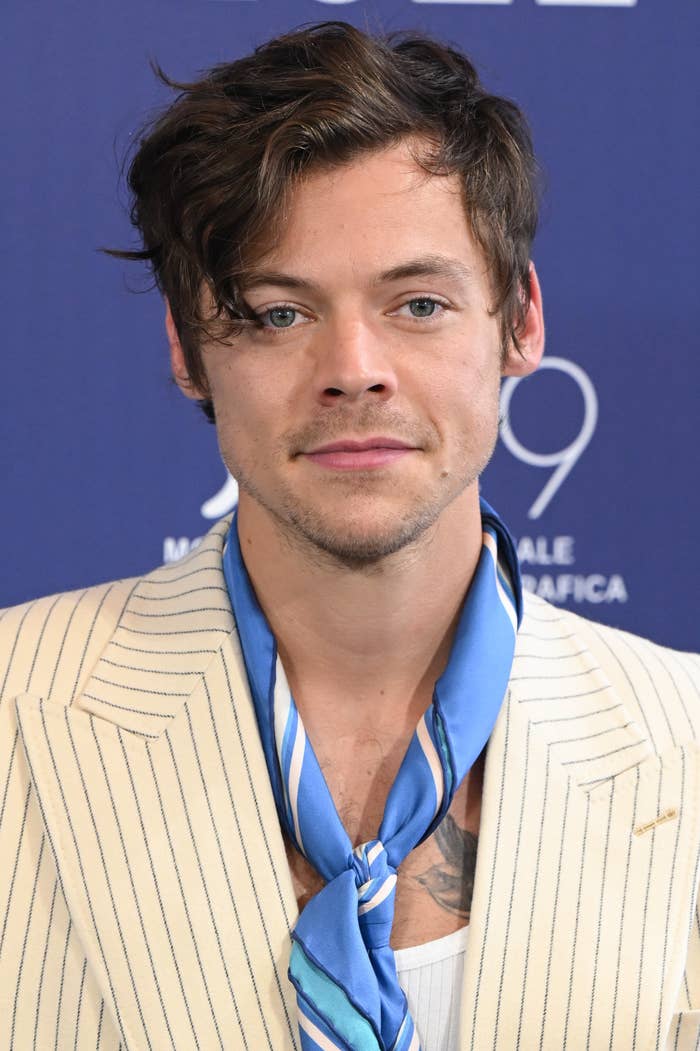 A closeup of Harry wearing a striped blazer and silk scarf