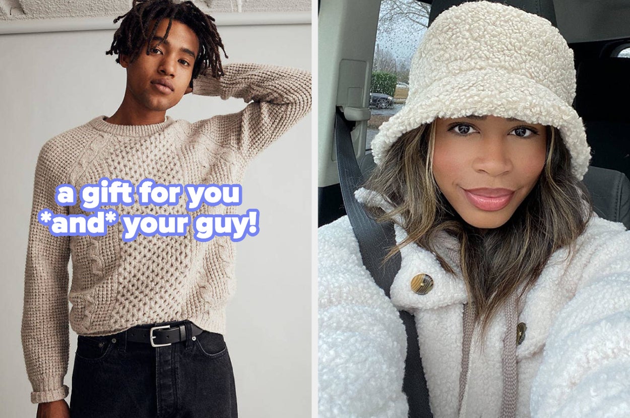 model wearing cable knit sweater "a gift for you *and* your guy!", reviewer wearing sherpa bucket hat
