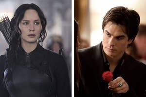 Katniss from The Hunger Games on the left, Damon from The Vampire Diaries on the Right.