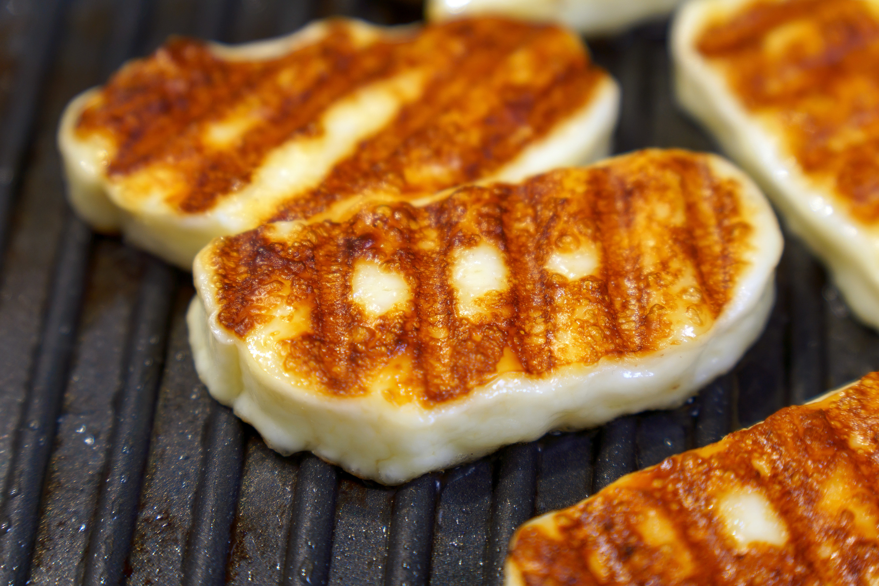 pressed halloumi on a grill pan