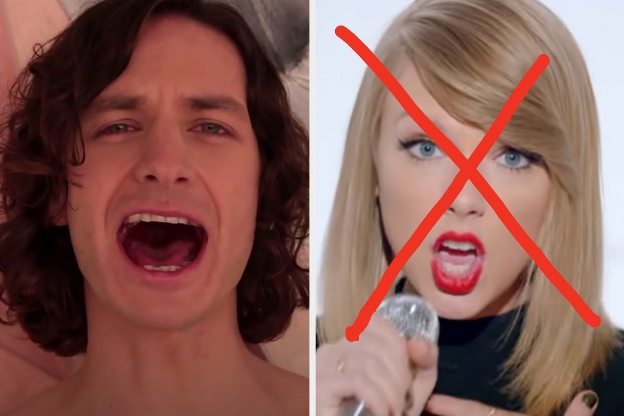 On the left, Gotye singing in the Somebody That I Used to Know music video, and on the right, Taylor Swift singing in the Shake It Off music video with an x drawn over her face