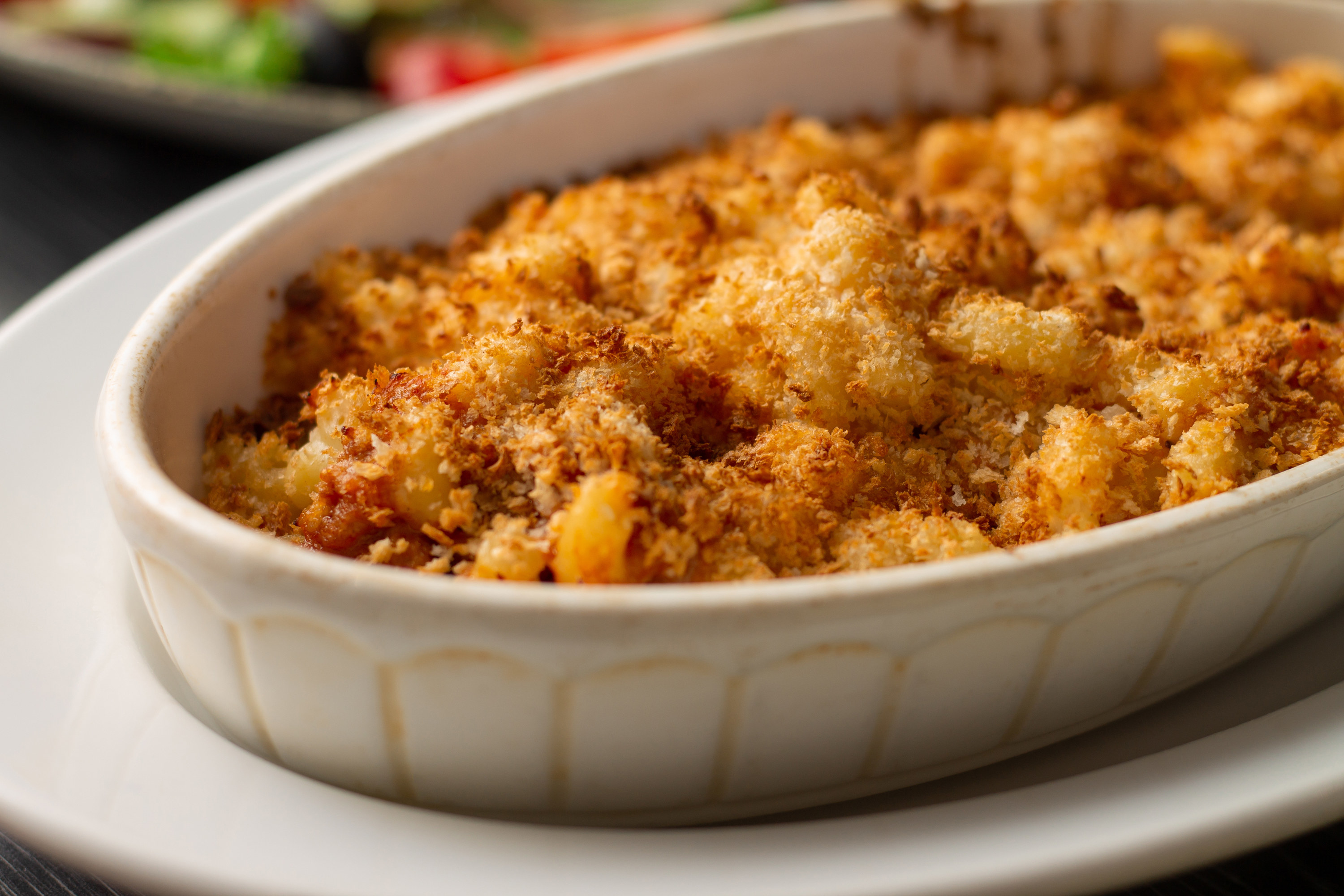 a casserole dish of mac and cheese